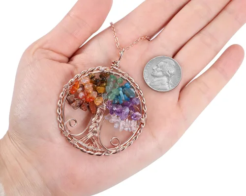 Vista 3 de Top Plaza Collar de cristal curativo de 7 chakras, árbol de la vida, envuelto en alambre, collar con colgante de piedra reiki, joyería de cuarzo