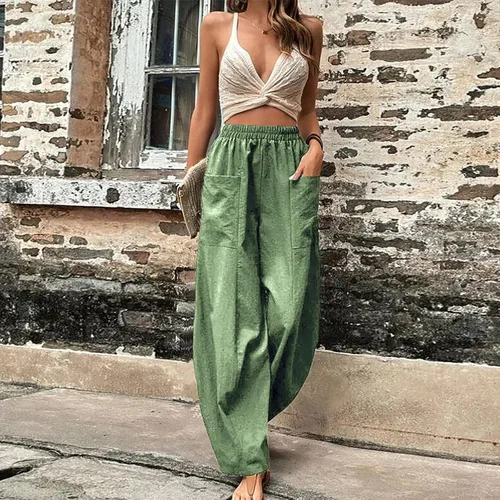 Vista 4 de YMADREIG Pantalones harén para mujer, de cintura alta, holgados, ligeros, cónicos, de lino, bohemios, de pierna ancha, pantalones capri con bolsillos