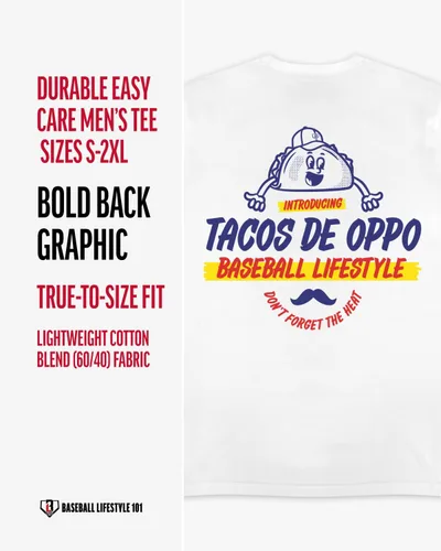 Vista 6 de Baseball Lifestyle 101 Camiseta Taco para hombre, color blanco, suave mezcla 60/40, transpirable, camiseta con costuras laterales, tallas