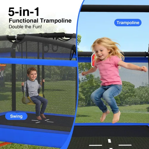 Vista 2 de LANGXUN Trampolín rectangular de 6 pies para niños, trampolín 5 en 1, aprobado por ASTM para interiores y exteriores, mini trampolín con red de Azul