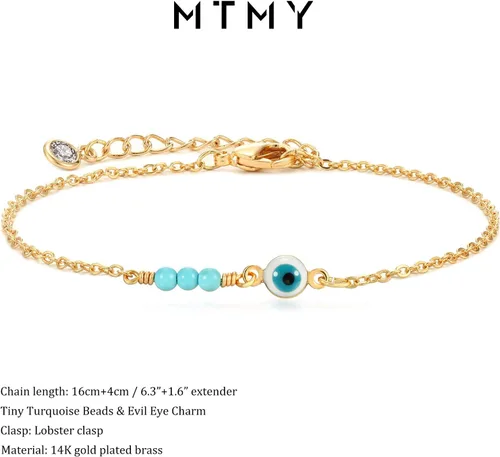 Vista 5 de MTMY Pulsera de mal de ojo para mujer, chapada en oro de 14 quilates, delicadas pulseras con cadena ajustable cristalina, pulsera de ojo, regalo