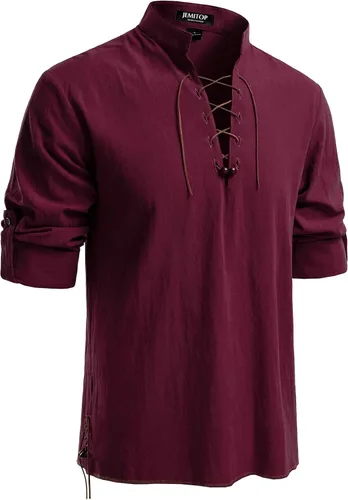 Vista 36 de JEMITOP Men's Pure Cotton Renaissance Lace Up Shirt Verde militar