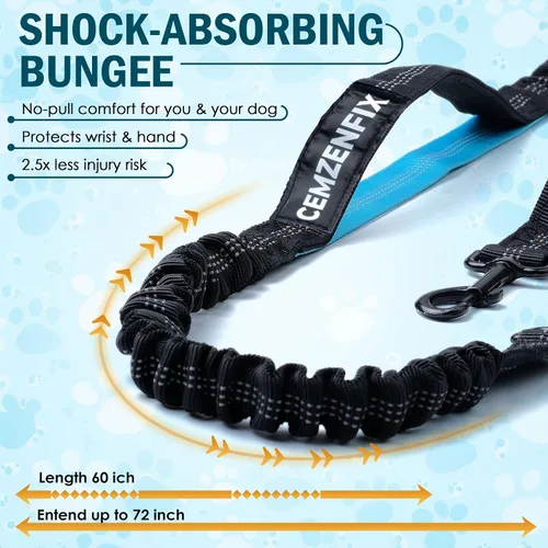 Vista 2 de Correa de perro manos libres con cinturón – Bungee sin tirones, asas acolchadas dobles y bolsa con cremallera para correr, caminar y entrenar