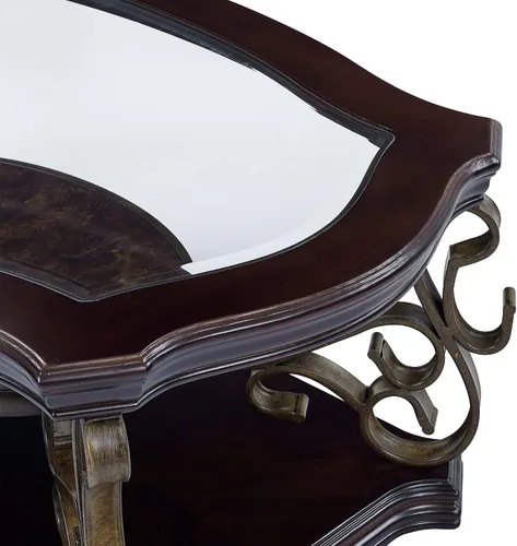 Vista 7 de Henf Mesa de centro tradicional con parte superior de vidrio templado y estante medio, mesa de cóctel vintage con parte superior de vidrio ovalada