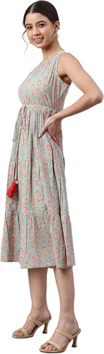 Vista 3 de Janasya Vestido indio de algodón verde menta con estampado floral de bloques para mujer