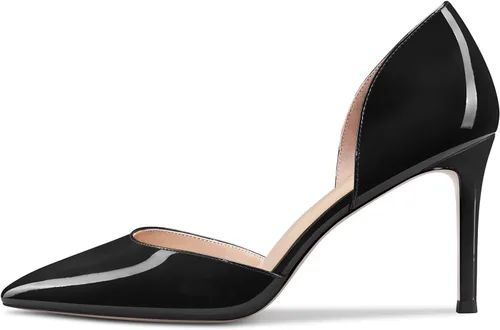 Vista 2 de Aachcol Zapatos de tacón alto medio para mujer, sin cordones, de dos piezas, punta puntiaguda, zapatos de vestir para oficina, fiesta, boda, patente