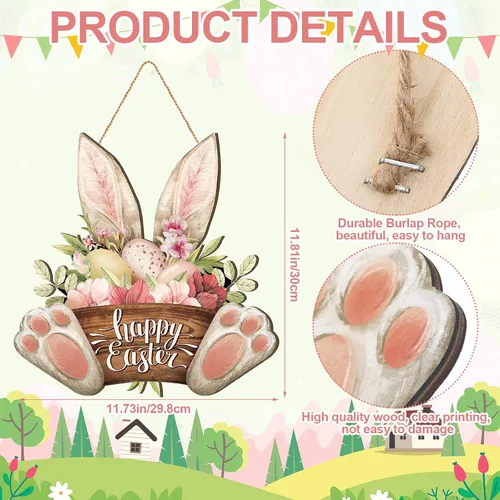 Vista 3 de Barydat 1 corona de Pascua para puerta delantera, conejo de bienvenida, letrero de madera, decoración de primavera, placa colgante de Pascua