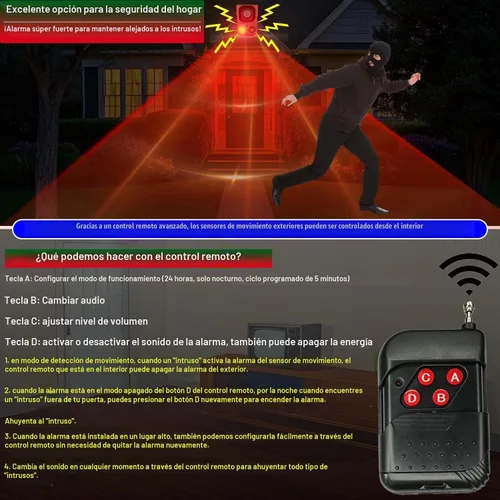 Vista 4 de Alarma de Sensor de Movimiento Solar para Exteriores - Alarma de 129dB, Grabación, Sirena, Ladrido de Perro y Detonación. Con Control Remoto, Sensor