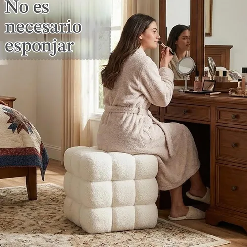 Vista 4 de Otomana cuadrada de sherpa blanca – Puf grande de 17.3 pulgadas con marco de madera resistente, 330 libras de capacidad, moderno taburete de tocador