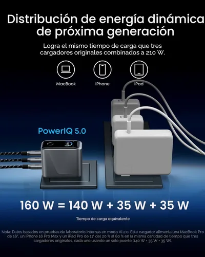 Vista 3 de Cargador Anker Prime, Bloque de Carga GaN USB C Compacto de 160W con 3 Puertos, Pantalla Inteligente y Control Táctil, Carga Máxima de 140W a Través