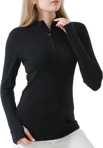Vista 3 de Merino Protect Suéter 100% lana merino con cremallera de 14 para mujer, manga larga, capa base, 8.82 oz, ajuste entallado