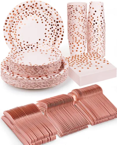 Vista 9 de 224 piezas de suministros para fiestas, platos de fiesta negros y dorados, juegos de vasos y servilletas con cuchillos, tenedores y cucharas