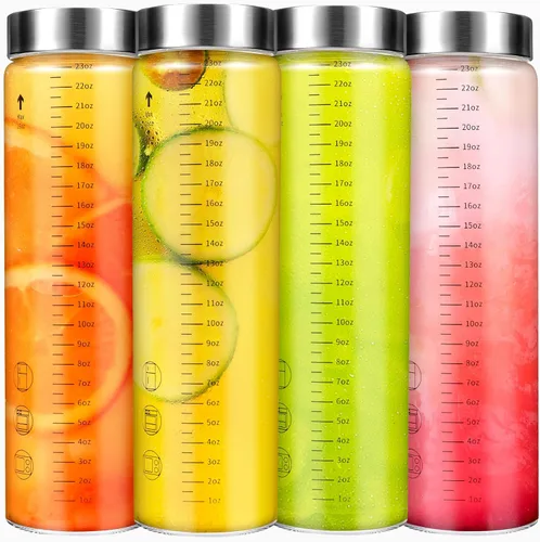 Vista 8 de Botellas de vidrio para jugo con tapas, botellas de agua de vidrio de boca ancha de 6 onzas para jugos, proteínas, batidos, leche, tapas de acero