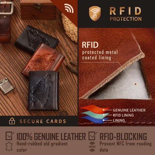 Vista 5 de skneephate Cartera personalizada de lobo para hombres, billeteras triples para hombres, con bloqueo Rfid, carteras de cuero, regalos para él