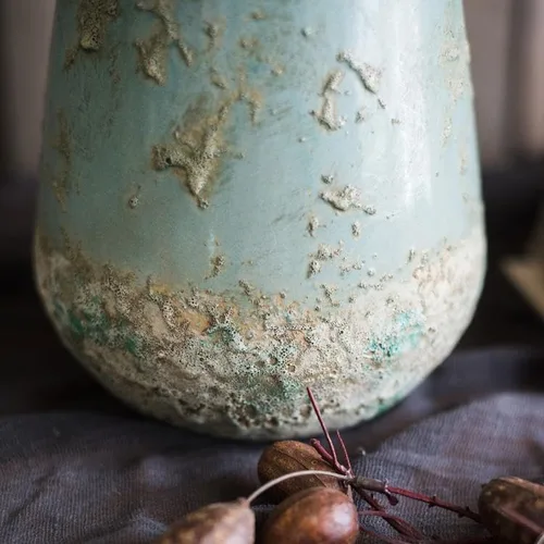 Vista 8 de Jarrones de cerámica turquesa de alcance rústico para oficina, cocina y decoración del hogar Florero bohemio moderno Jarrones decorativos
