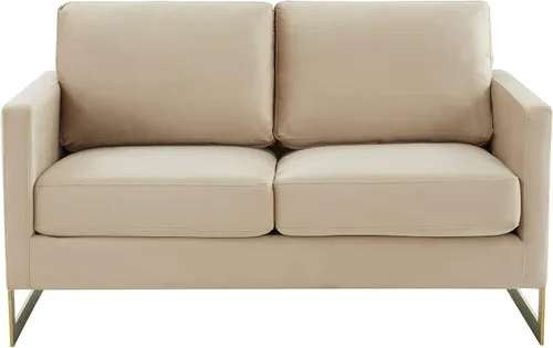 Vista 4 de LeisureMod Lincoln Modern Mid-Century - Sofá biplaza tapizado de terciopelo con marco dorado, color beige
