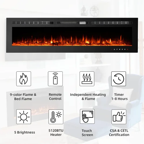 Vista 4 de EROMMY Chimenea eléctrica de 60 pulgadas, chimenea empotrada y montada en la pared con temporizador, de pie, control remoto, pantalla táctil