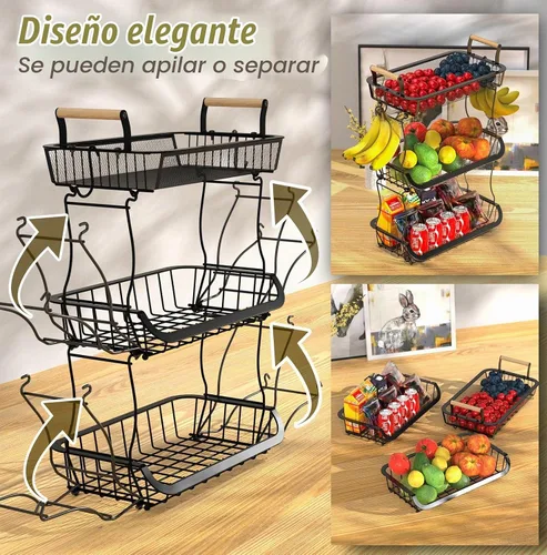 Vista 5 de Cesta de frutas de 3 niveles para encimera de cocina con 2 ganchos para plátanos, soporte grande para frutero, soporte de almacenamiento de frutas