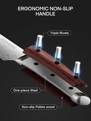 Vista 5 de FOHERE Juego de cuchillos de chef, 5 cuchillos de cocina ultra afilados con mango ergonómico de madera de Pakka roja, juego de cuchillos