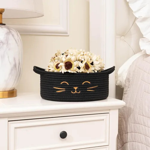 Vista 8 de Cesta pequeña de almacenamiento, cesta de juguetes para mascotas negra y linda para gatos, perros, cesta de cuerda decorativa para organizar, cesta