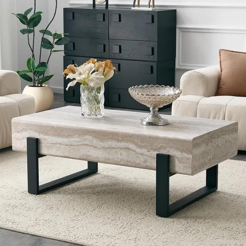 Vista 10 de Mesa de Centro Rectangular de 47.24", Mesa de Centro de Madera con Tablero de 7.8" de Grosor, Patas de Metal, Esquinas Redondeadas para Sala