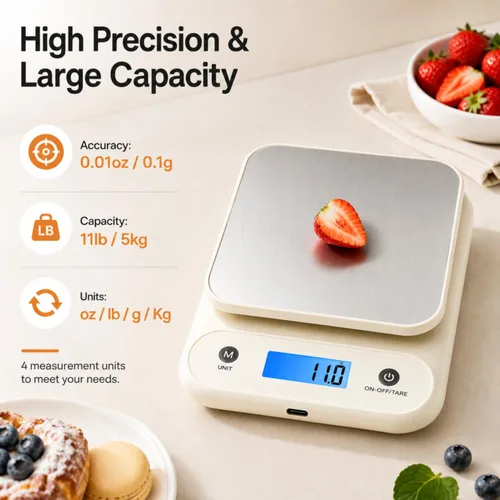 Vista 3 de Báscula digital de alimentos para cocina, 11 libras, 0.1 oz, 11.0 lbs/0.00 oz, báscula de cocina para cocinar hornear, batería de litio integrada