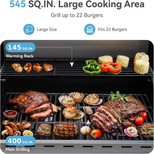 Vista 2 de GREEN PARTY - Parrilla de gas para barbacoa de 4 quemadores con propano, quemador lateral y rejillas de hierro fundido esmaltadas en porcelana, área