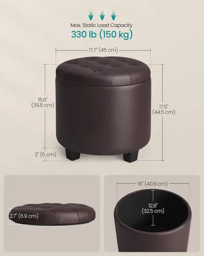 Vista 3 de SONGMICS Otomana redonda, otomana con almacenamiento, 17.7 x 17.7 x 17.5 pulgadas, reposapiés con patas, cuero sintético, carga de hasta 330 libras