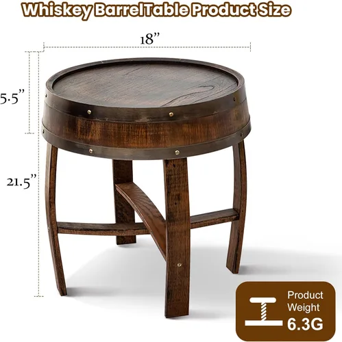 Vista 3 de Mesa de centro de granja, mesa auxiliar redonda rústica – Mesa auxiliar de madera maciza para sala de estar, mesa decorativa de barril de whisky