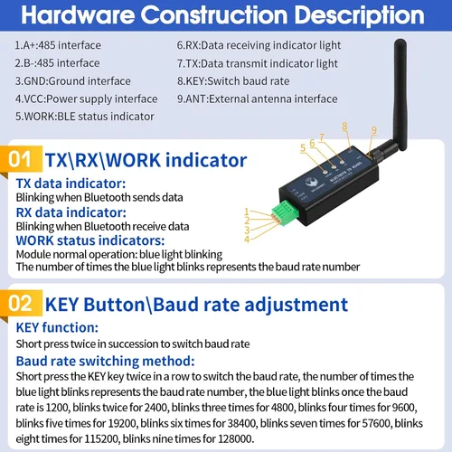 Vista 3 de Adaptador serie DX-CP24 RS485 a Bluetooth Módulo de comunicación Bluetooth inalámbrico industrial a convertidor, cambia el dispositivo con cable a