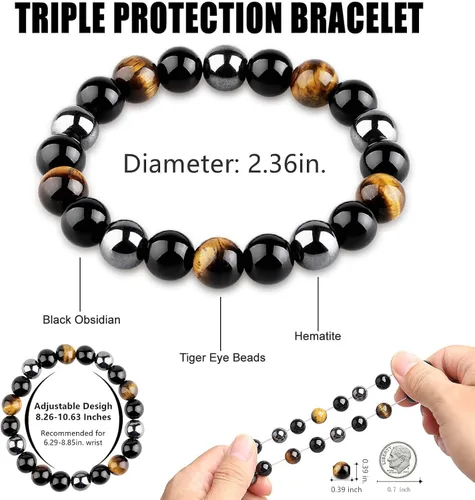 Vista 3 de HOZEAL Pulsera de triple protección, brazalete de obsidiana negra con ojo de tigre y hematita para hombres y mujeres, para traer suerte