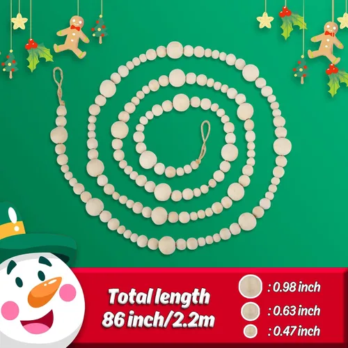 Vista 3 de 2 piezas de guirnalda de cuentas de madera para Navidad, guirnalda de cuentas de madera de 14.4 pies para decoración de árbol de Navidad, cuentas