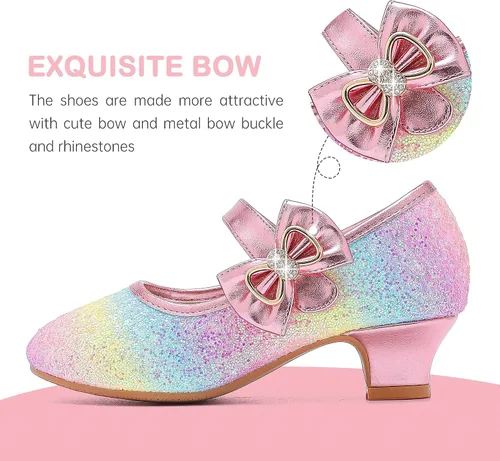 Vista 4 de Dufannie Zapatos de vestir para niñas, zapatos de tacón bajo de princesa, zapatos planos con purpurina para bodas y fiestas