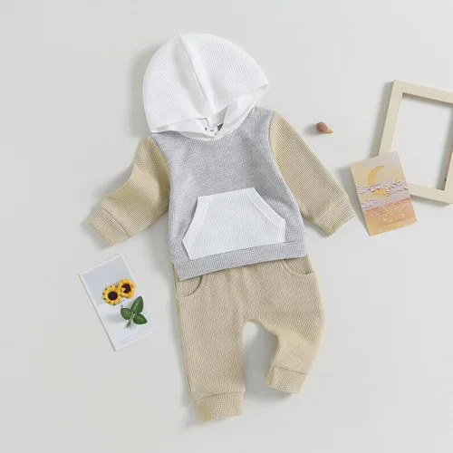 Vista 3 de Ropa para bebé niño pequeño, sudadera con capucha y bloques de color, 2 piezas, sudadera para otoño e invierno