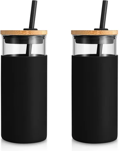 Vista 32 de Tronco Vaso de vidrio de 20 onzas con tapa y popote, taza de café helado y vaso para batido con tapas de bambú y funda protectora de silicona, apto