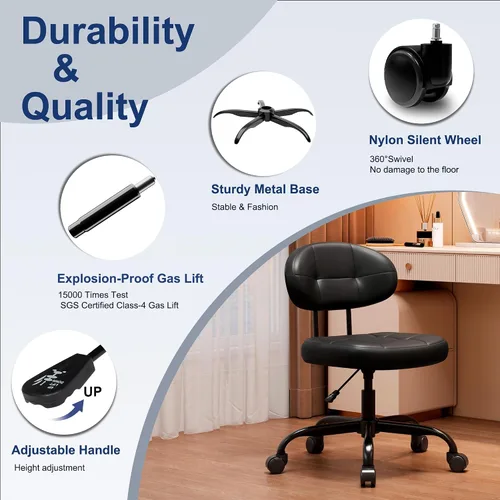 Vista 6 de Misolant Silla de tocador con respaldo, pequeña silla de oficina sin brazos con ruedas y soporte lumbar, cómodas sillas de escritorio de piel Negro