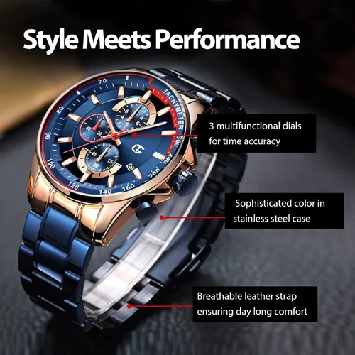Vista 6 de Technigadgets Grayson - Reloj cronógrafo para hombre, multifunción, de cuarzo, luminoso, analógico, con correa de acero inoxidable y fecha, 98.4ft