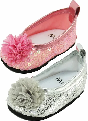 Vista 7 de American Fashion World Zapatos planos con lazo de diamante metálico rosa intenso, lavanda y verde azulado para muñecas de 14 pulgadas, paquete de 3