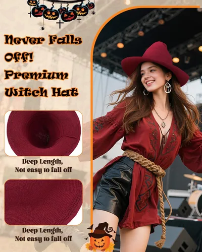 Vista 4 de Century Star Sombrero de bruja para mujer para Halloween, sombreros de lana de ala ancha, gorra de punto Spire para fiesta y uso diario