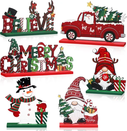Vista 8 de Capoda 6 piezas de decoración de mesa de Navidad, centros de mesa de Navidad de madera, muñeco de nieve, Papá Noel, gnomo, letreros de Feliz