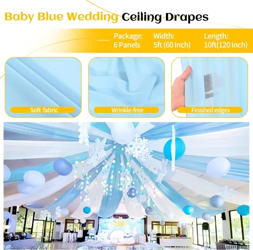 Vista 4 de 6 paneles de cortinas de techo azul bebé para boda, cortinas de techo de 5 pies x 10 pies, tela de drapeado para arco de boda, cortinas