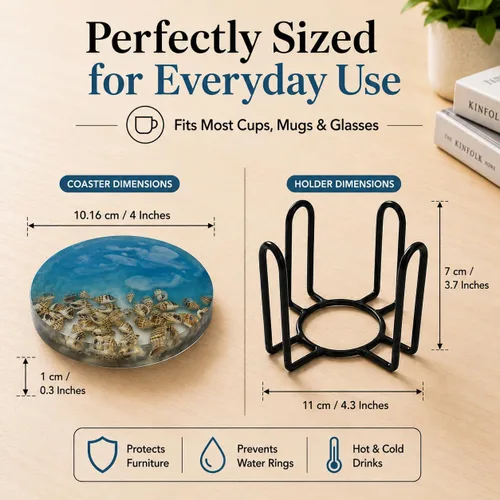 Vista 4 de Divit Shilp, juego de posavasos absorbentes de resina azul aguamarina con diseño de concha marina y soporte de metal, posavasos redondos hechos a