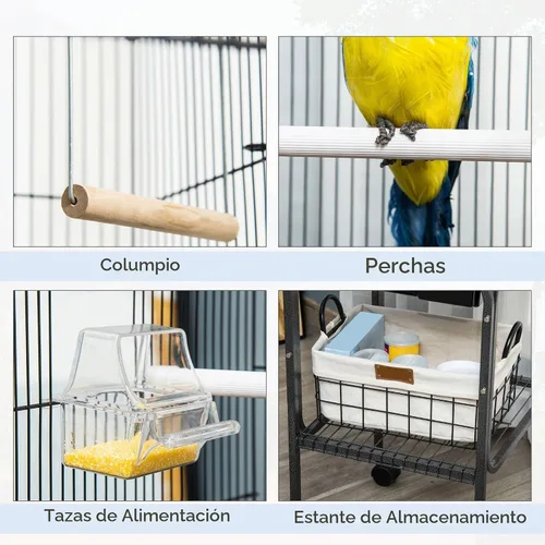 Vista 6 de Jaula para pájaros Pawhut, 51, Negro Jaula de loro, pajarero para pájaros, cesta de almacenamiento, accesorios