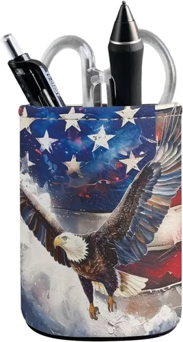 Vista 3 de Dreaweet Soporte para lápices de piel sintética con bandera de Estados Unidos, águila calva para escritorio, organizador de papelería de escritorio