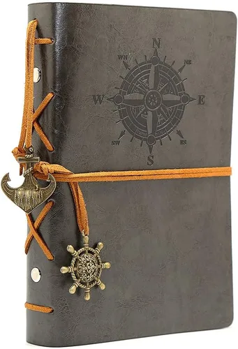 Vista 26 de Diario con tapas de cuero estilo retro, en blanco, con cuerda náutica, Negro