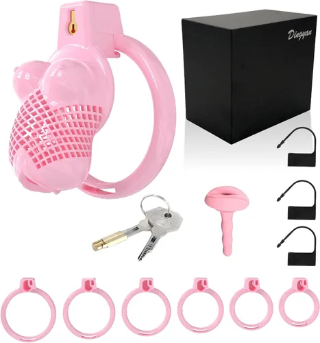 Vista 9 de Chastity Cage for Men, 3D Printed Female Bust Design Cage Penis (Pink, S) Premium Gift Box Packaging; Set Includes Cage, 3 Invisible Locks, 2