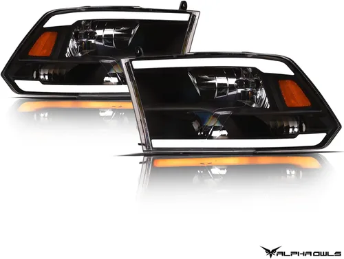 Vista 2 de Alpha Owls 8707715 - Faros delanteros de cristal con barra de luz LED secuencial Switchback y luz de arranque, ámbar negro para modelos halógenos