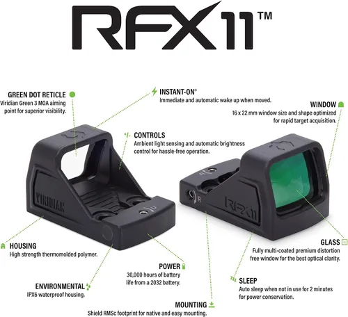 Vista 3 de Viridian RFX11 1x16 Micro Green Dot, Patrón de Montaje Shield, Polímero, Negro