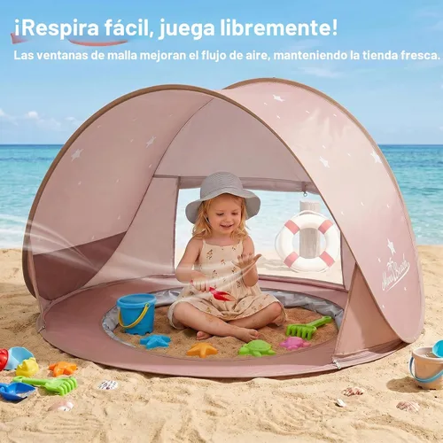 Vista 5 de Monobeach Tienda de campaña de playa para bebés con piscina: tienda de campaña desplegable con estrellas marrones para niños pequeños, refugio