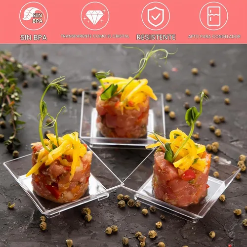 Vista 3 de Mini platos cuadrados de postre con cucharas, 1 onza Small Plastic Appetizer Plates, Individual Party Serving Trays, Tiny, or Hors D'oeuvres